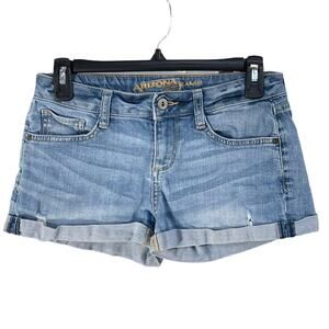 Arizona Juniors SZ 3 Jean Shorts Cuffed Low-Rise Distressed Whiskered Zip-Fly